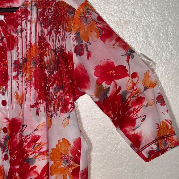 Christina M Floral Button-Up Tunic Embroidered Pin-Tuck 3/4 Sleeves Red & Orange - Picture 5 of 16